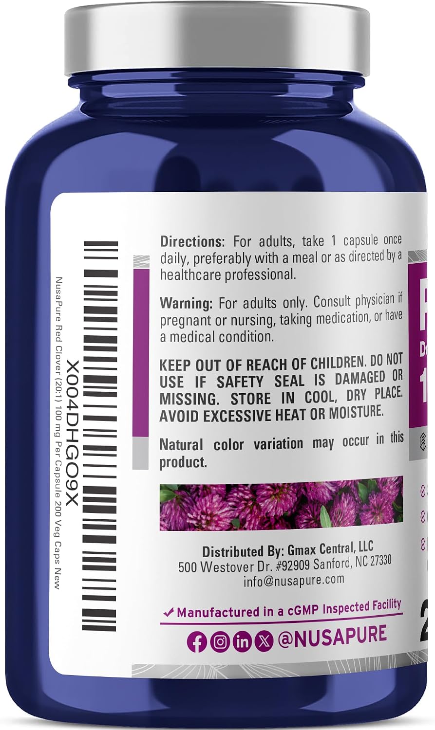NusaPure Cápsulas de Flores de Trébol Rojo, 100 mg, 200 Cápsulas Veganas (No Transgénico, Vegano)
