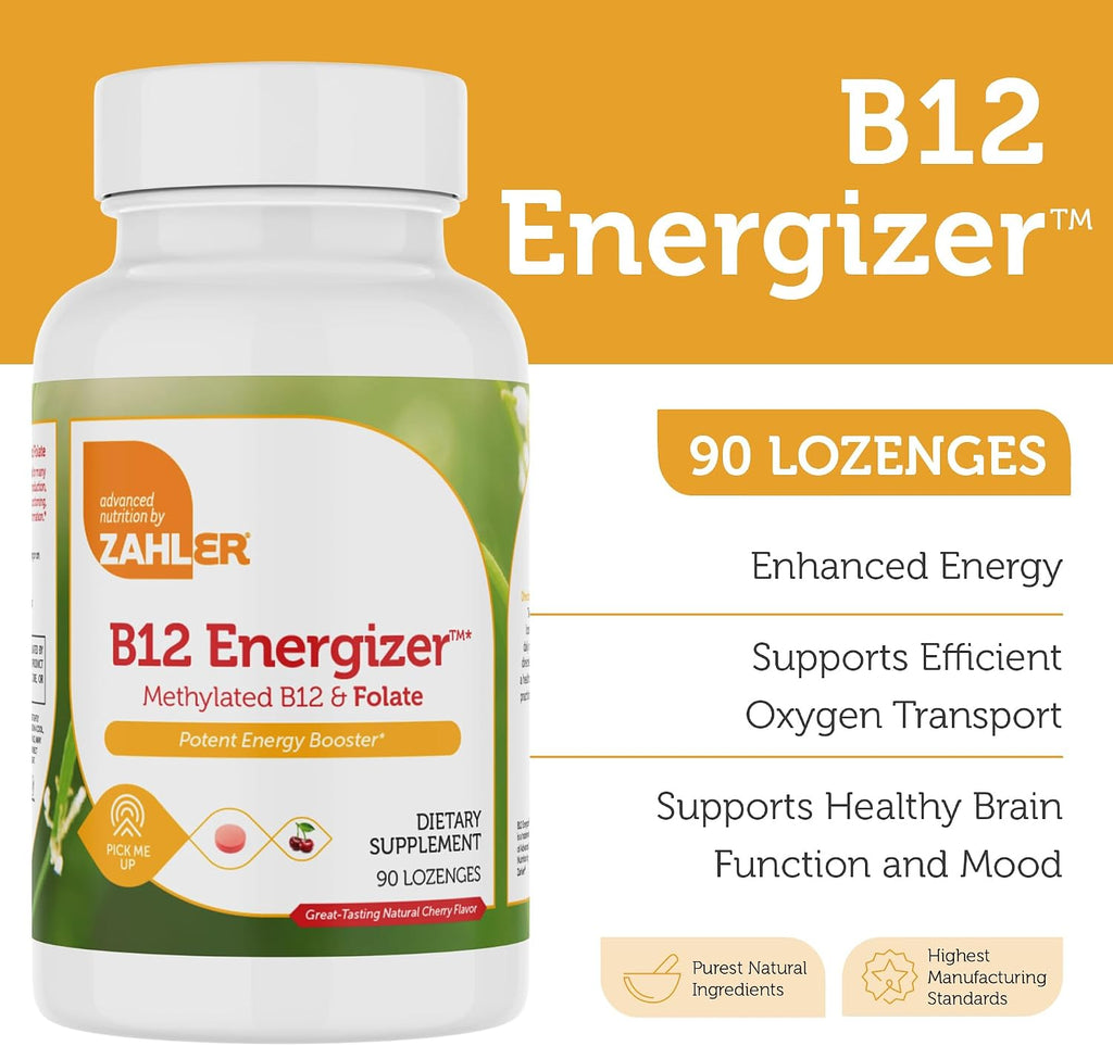 Zahler Energizer - Suplemento de Folato y B12 - Pastillas de disolución rápida sabor cereza - Metilcobalamina 1000 mcg y Ácido Fólico 1360 mcg (90 comprimidos)
