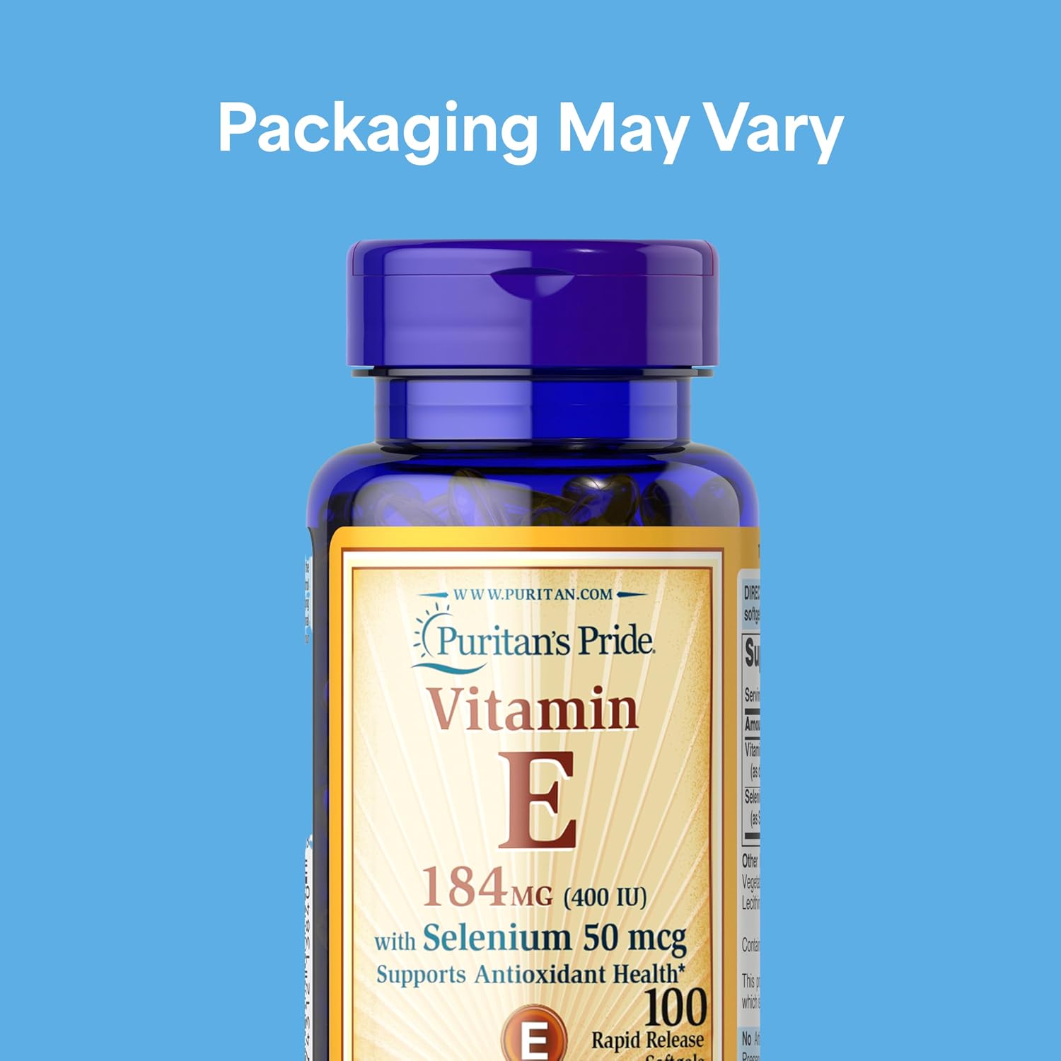 Puritan's Pride Vitamina E 184 mg (400 UI) con Selenio 50 mcg, 100 Cápsulas Blandas de Liberación Rápida