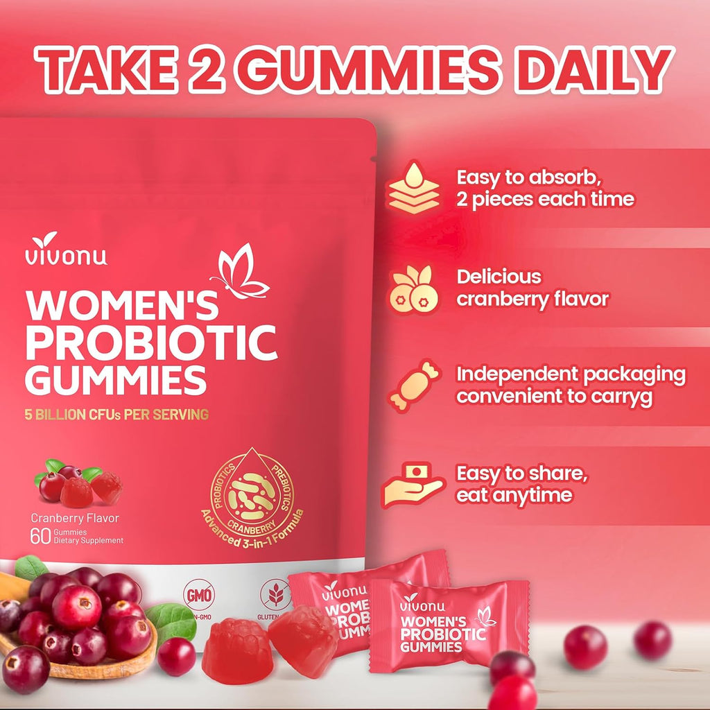 VivoNu Probióticos Femeninos en Gominolas - Equilibrio Vaginal y Digestivo - 60 Gominolas de Arándano Rojo