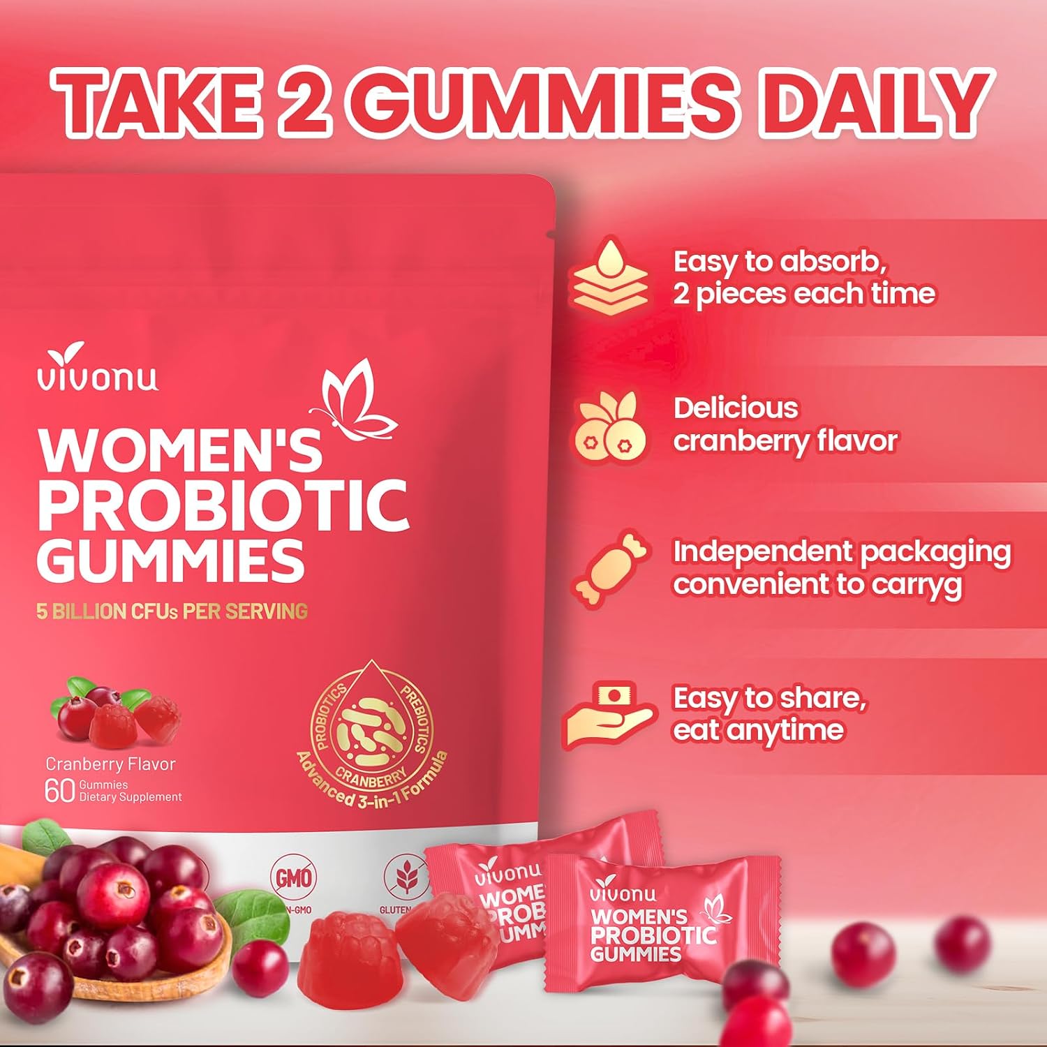 VivoNu Probióticos Femeninos en Gominolas - Equilibrio Vaginal y Digestivo - 60 Gominolas de Arándano Rojo