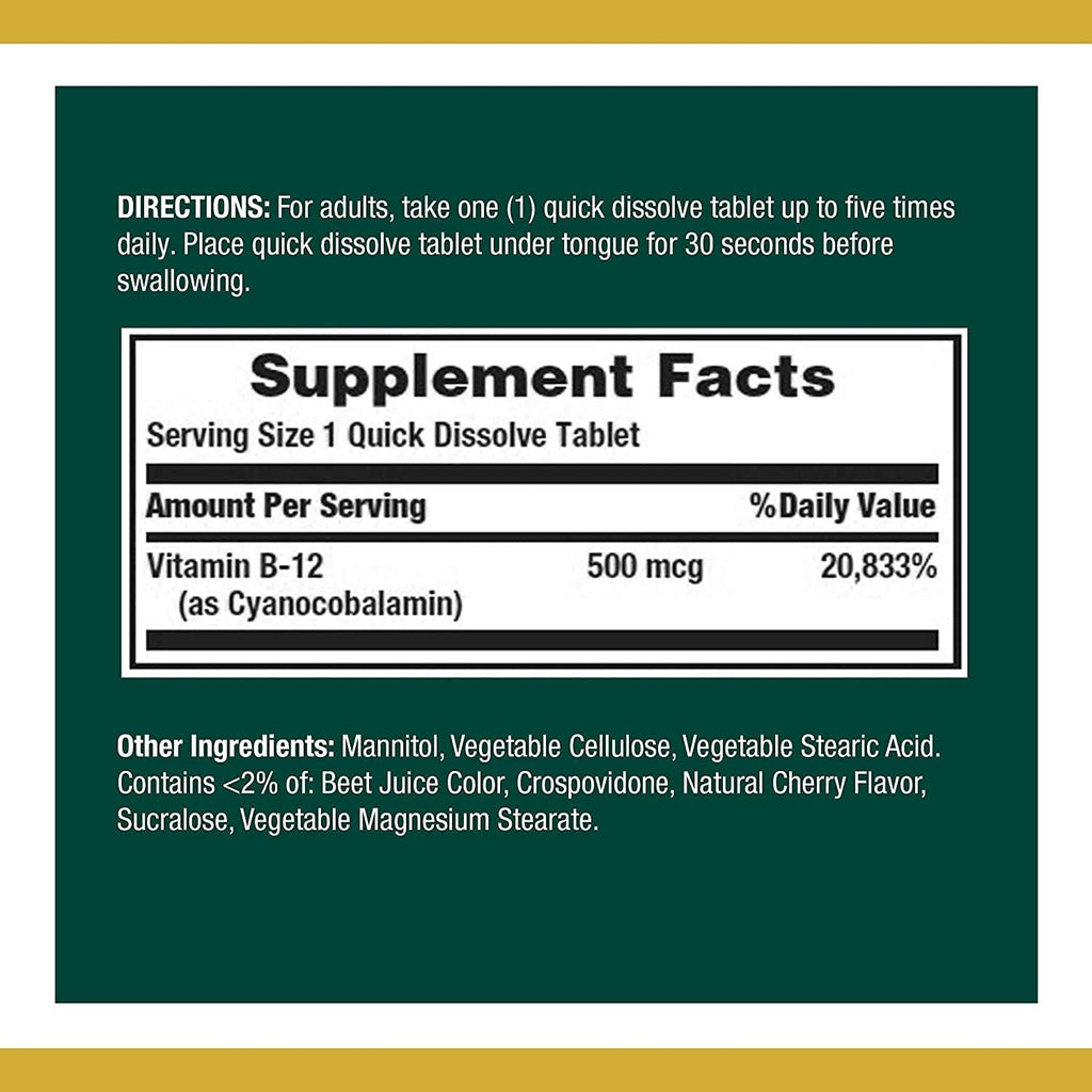 Nature's Bounty Vitamina B12 500 mcg, Comprimidos Sublinguales, 100 Unidades (Pack de 2)