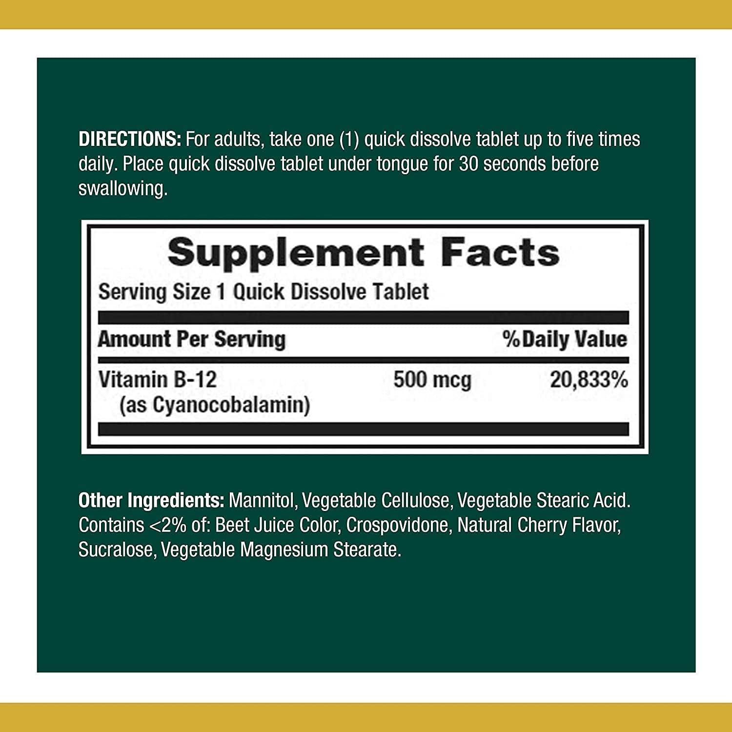 Nature's Bounty Vitamina B12 500 mcg, Comprimidos Sublinguales, 100 Unidades (Pack de 2)