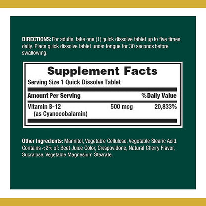 Nature's Bounty Vitamina B12 500 mcg, – Contribuye al funcionamiento normal del sistema nervioso , manteniendo la – Image 2