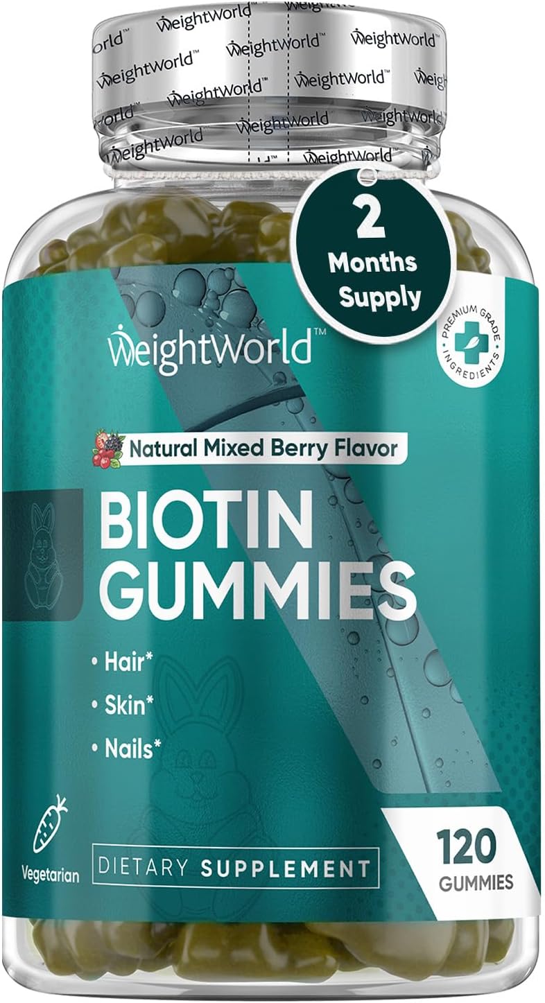 WeightWorld Biotina 5000mcg Gominolas con Vitaminas A, C, D3, E, B6, B9 y B12 + Minerales Clave | Cabello, Piel y Uñas | 120 Gominolas, 2 Meses