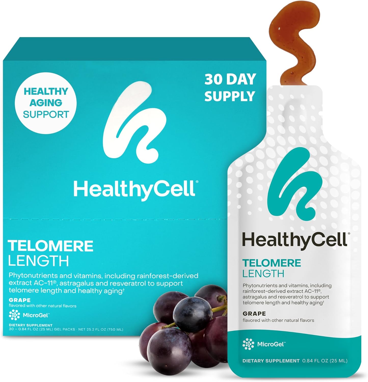 HealthyCell Telomere Length - Suplemento para la longitud de los telómeros con AC-11, Astragalus y Resveratrol - 30 sobres de gel, sabor uva