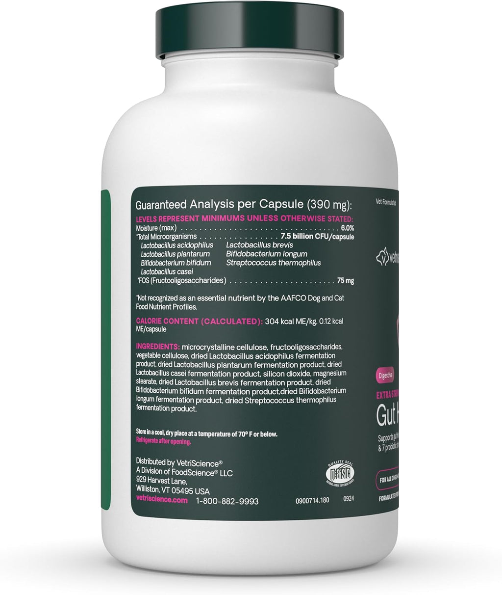 VetriScience Extra Strength Gut Health - Probiótico y Prebiótico para Perros y Gatos - 180 Cápsulas