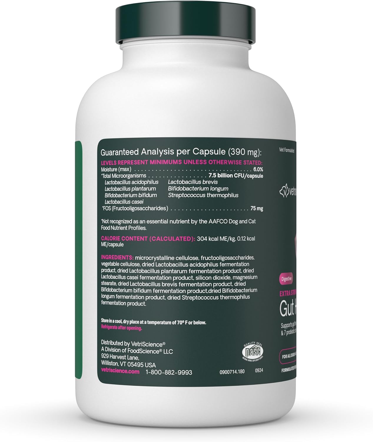 VetriScience Extra Strength Gut Health - Probiótico y Prebiótico para Perros y Gatos - 180 Cápsulas