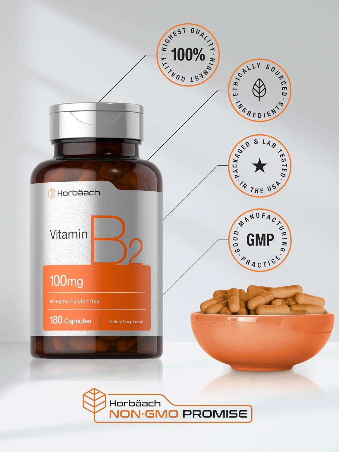 Horbäach Vitamina B2 100mg | 180 Cápsulas | Suplemento de Riboflavina