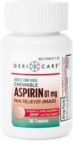 GeriCare Aspirina 81 mg Masticable para Adultos, Alivio del Dolor y Reductor de Fiebre, 36 Comprimidos