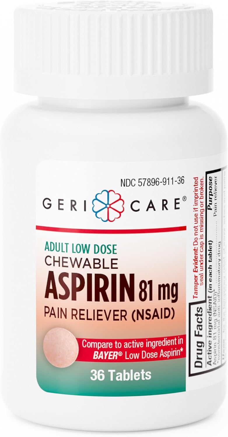 GeriCare Aspirina 81 mg Masticable para Adultos, Alivio del Dolor y Reductor de Fiebre, 36 Comprimidos