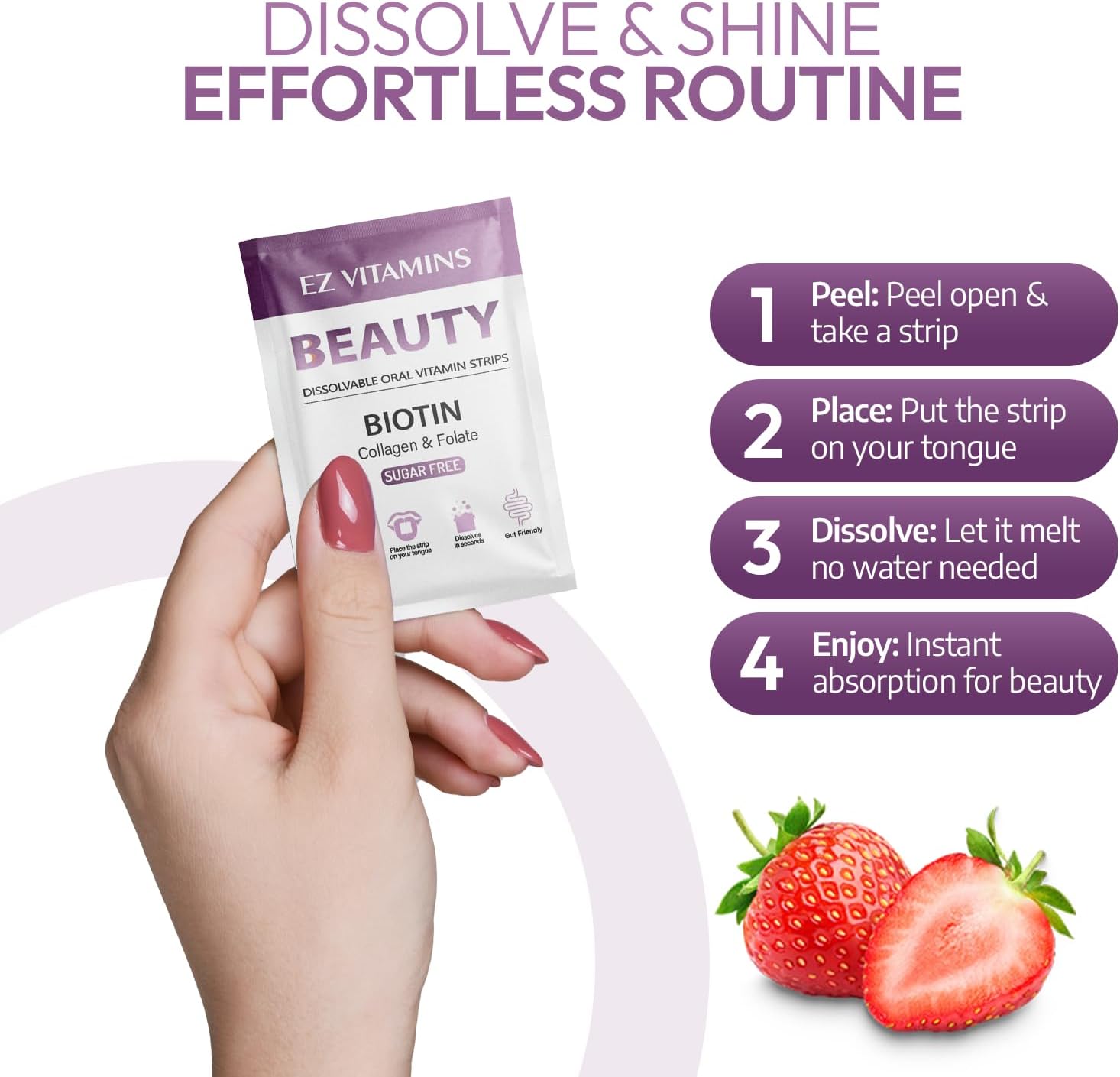 EZ VITAMINS Tiras Orales de Biotina, Vitamina E, Colágeno y Folato - Sabor Fresa - 30 Tiras