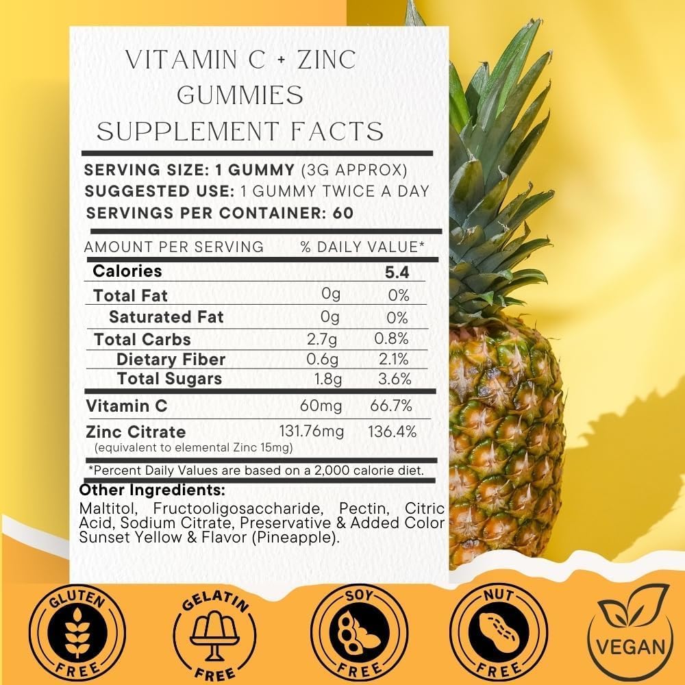 SOHM Vitamina C + Zinc Gominolas para Adultos | 60 mg Vitamina C + 15 mg Zinc | Sin Gluten, Sin Gelatina, Vegetarianas | 60 Unidades