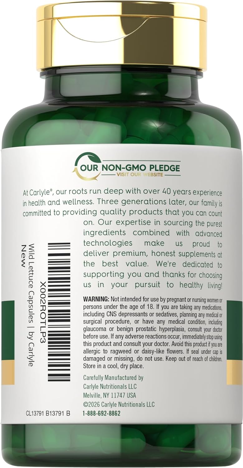 Carlyle Extracto de Lechuga Silvestre | 200 Cápsulas | Suplemento de Hoja Herbácea | Sin OGM y Sin Gluten