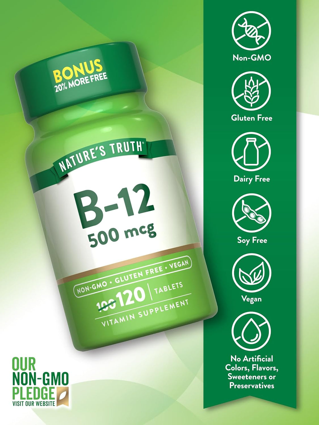 Nature's Truth Vitamina B12 500 mcg - 120 Comprimidos - Vegano, No-Transgénico y Sin Gluten