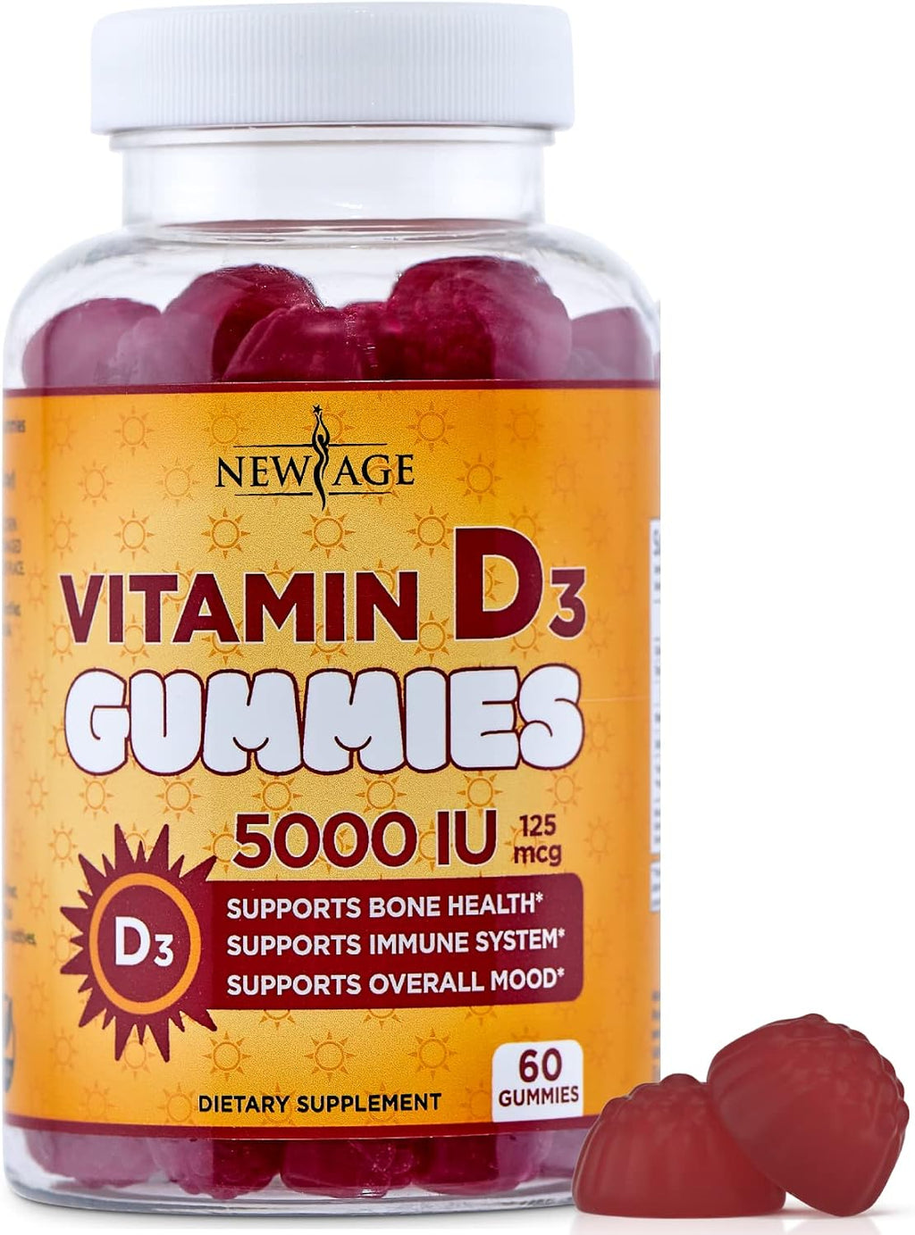 New Age Vitamina D3 5000 UI Gomitas - Suplemento Inmunológico, Sin Gluten, Sin Gelatina, Sabor Natural (180 Gomitas)