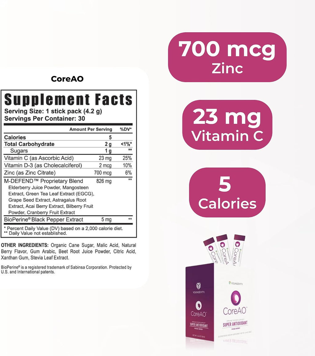 Youngevity CoreAO Stiks – Suplemento antioxidante con superalimentos, vitamina C, D3 y zinc, sabor a bayas, 30 sticks