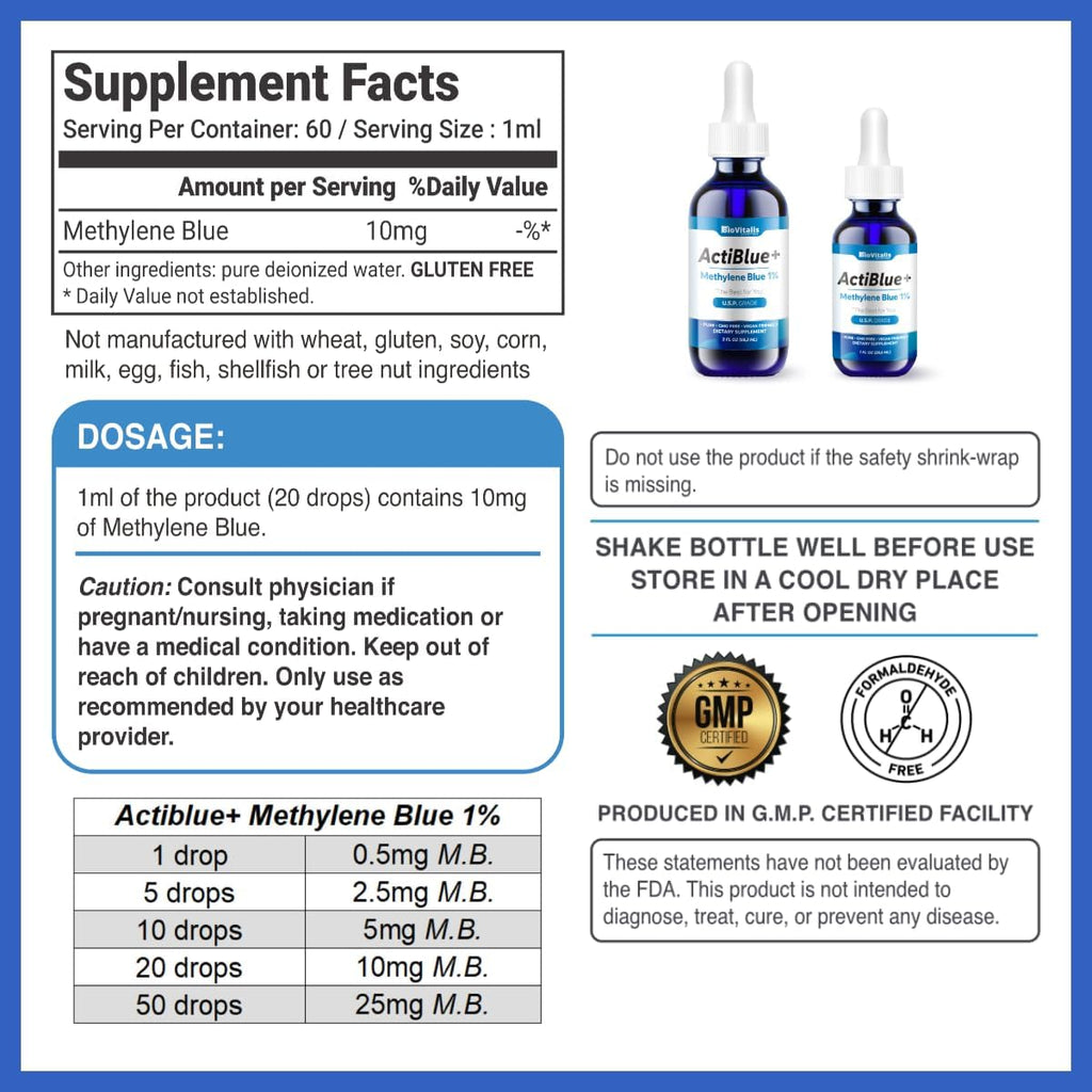 Actiblue+ Azul de Metileno 1% – 99,9% Pureza, Certificado por Laboratorio ISO, Sin Formaldehído, Sin Alcohol, Sin Gluten y Sin OGM (60 ml)