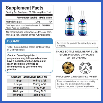 Actiblue+ Azul de Metileno 1% – 99,9% Pureza, Certificado por Laboratorio ISO, Sin Formaldehído, Sin Alcohol, Sin Gluten y Sin OGM (60 ml)