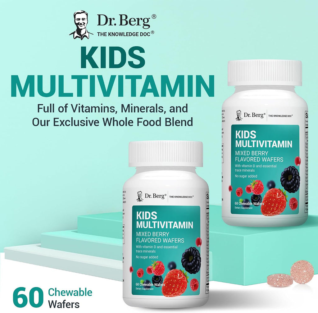 Dr. Berg Kids Chewable Multivitamins (sin azúcar) - Multivitamínico infantil con 20 nutrientes y complejo de minerales traza - sabor a bayas mixtas - 60 wafers