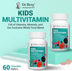 Dr. Berg Kids Chewable Multivitamins (sin azúcar) - Multivitamínico infantil con 20 nutrientes y complejo de minerales traza - sabor a bayas mixtas - 60 wafers