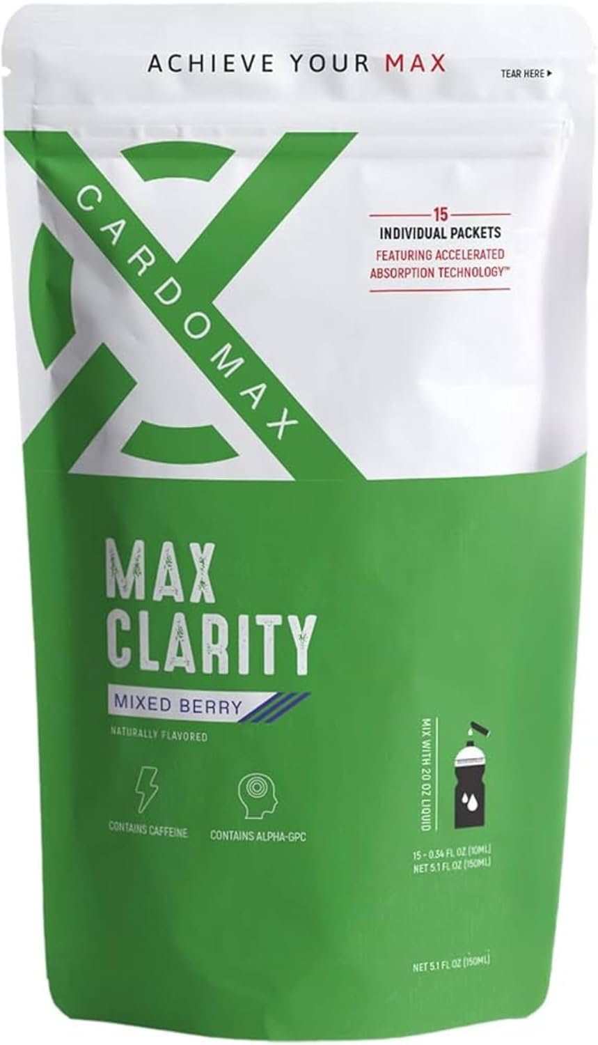 CardoMax Max Clarity - Suplemento Nootrópico Líquido con Alpha GPC, L-Teanina y Cafeína - 15 Stick Packs - Sabor a Bayas Mixtas