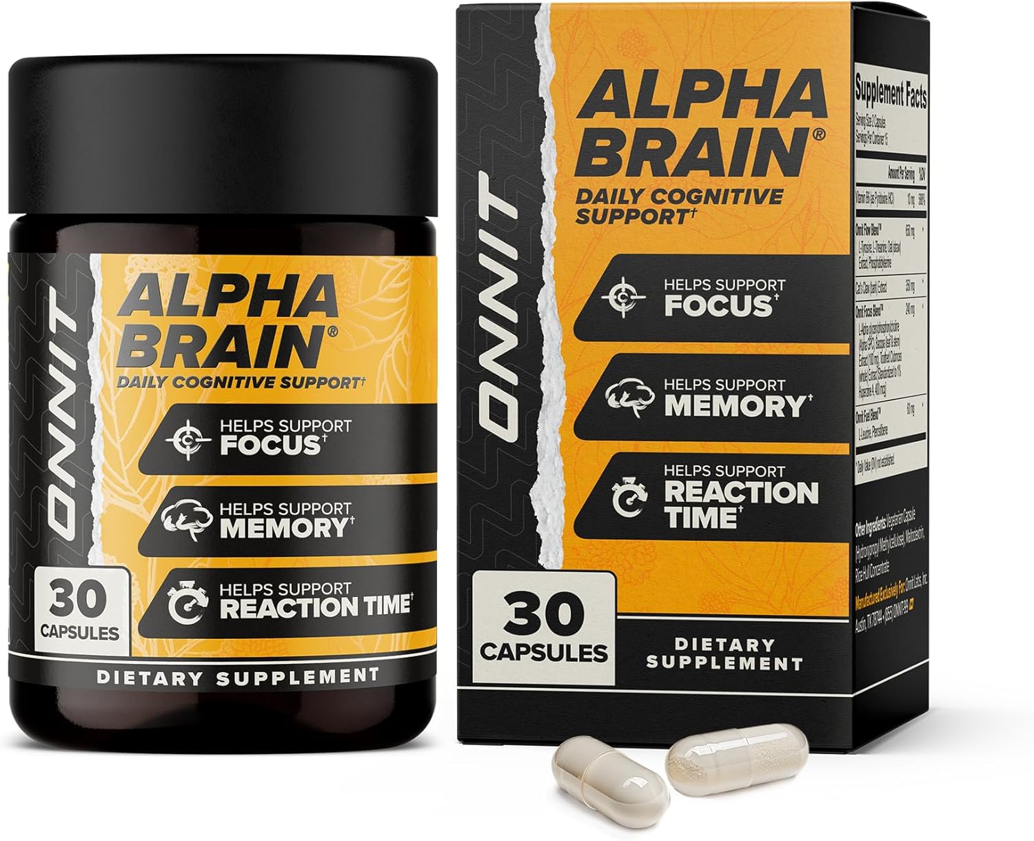 ONNIT Alpha Brain - Suplemento Nootrópico para Concentración, Memoria y Claridad Mental con L-Teanina y Vitamina B6, 30 Cápsulas
