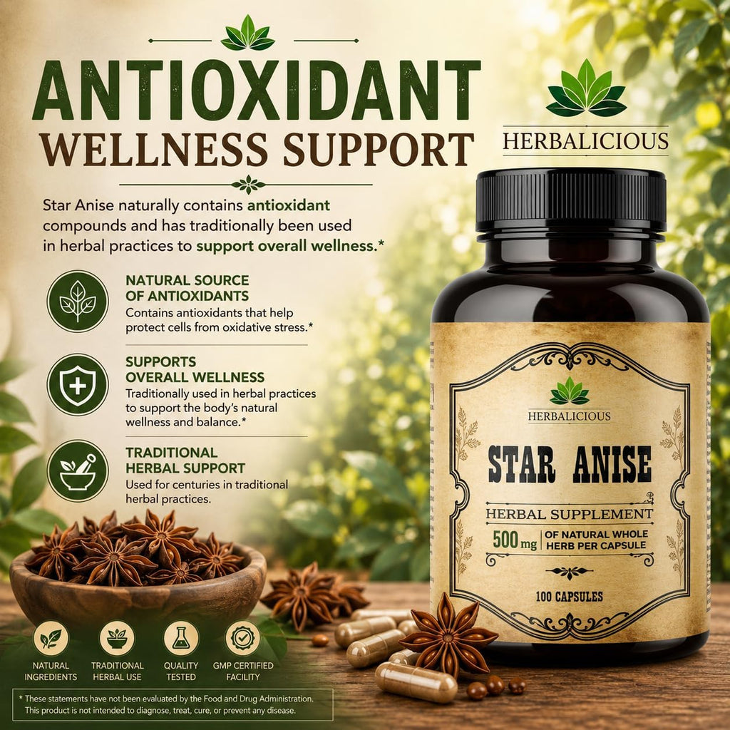 HERBALICIOUS Suplemento de Anís Estrellado Orgánico – 100 Cápsulas – 1000mg – Sin Rellenos ni Conservantes