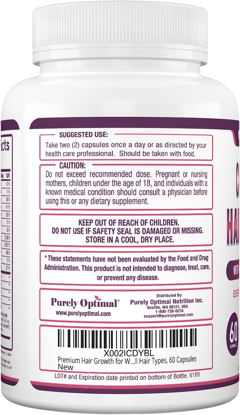 Purely Optimal Vitaminas para el Crecimiento del Cabello – 5000 mcg Biotina, Colágeno, Keratina – 60 Cápsulas