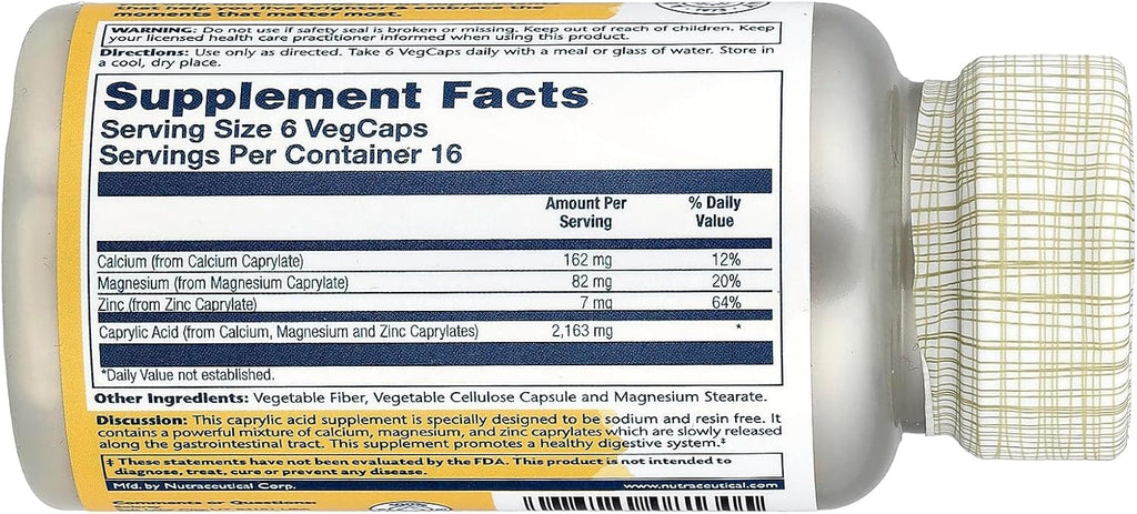 Solaray Capryl Ácido Caprílico para Cuidado de la Piel - Libre de Sodio y Resina - 100 Cápsulas Vegetales
