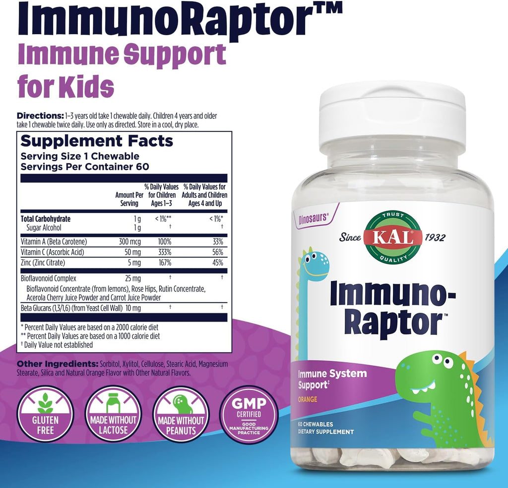 KAL ImmunoRaptor Masticables para el Apoyo Inmunitario de Niños, Sabor Naranja, 60 Unidades