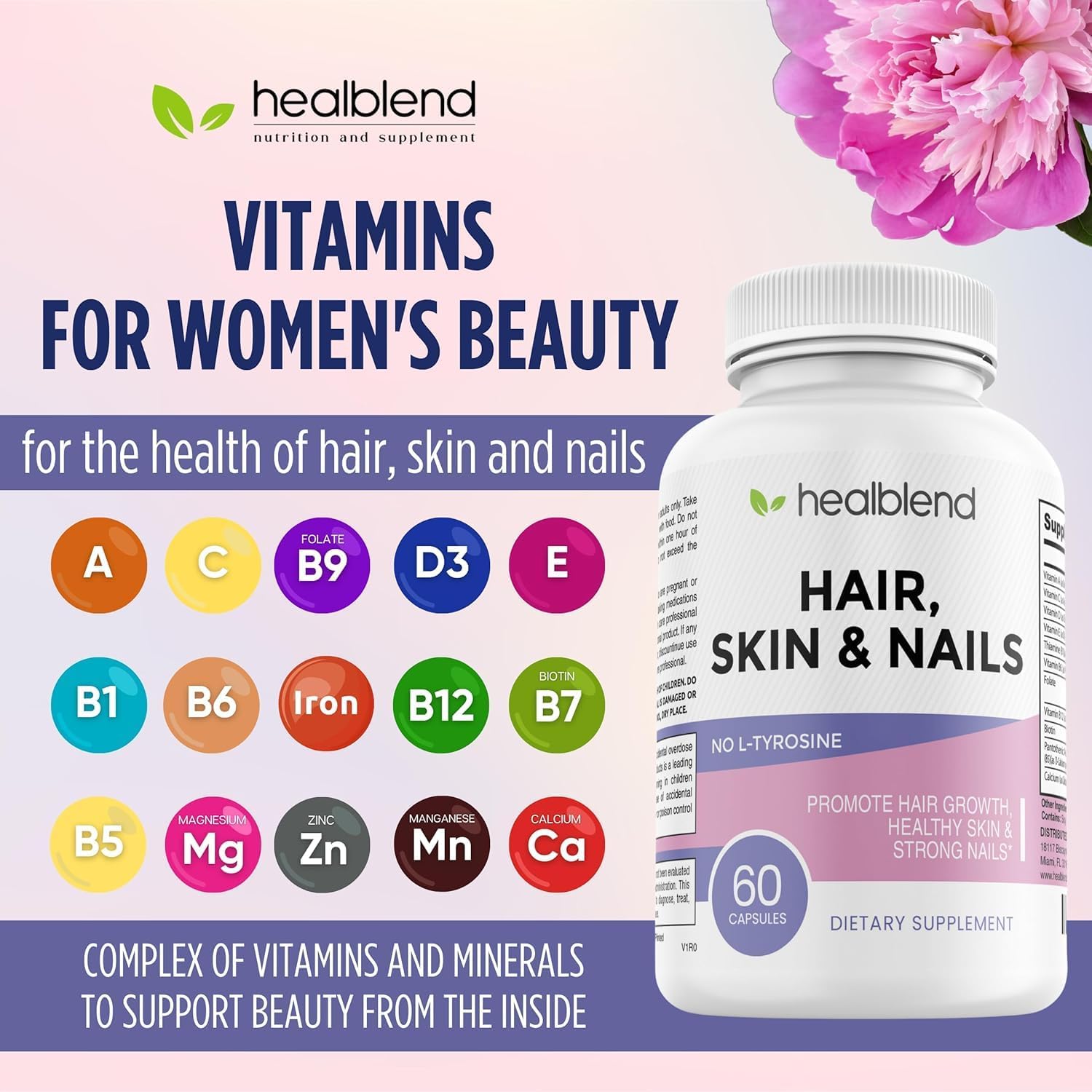 healblend Vitaminas para Cabello, Piel y Uñas para Mujeres con Biotina 5000 mcg, Hierro y Manganeso | Vegano, Sin OGM | 60 Cápsulas