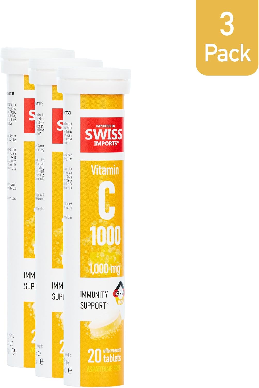 Swiss Imports Vitamina C Efervescente 1000mg, 3 Paquetes, 60 Comprimidos