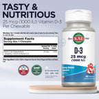 KAL Vitamina D3 1000 IU (25 mcg) Comprimibles Sabor Menta Natural