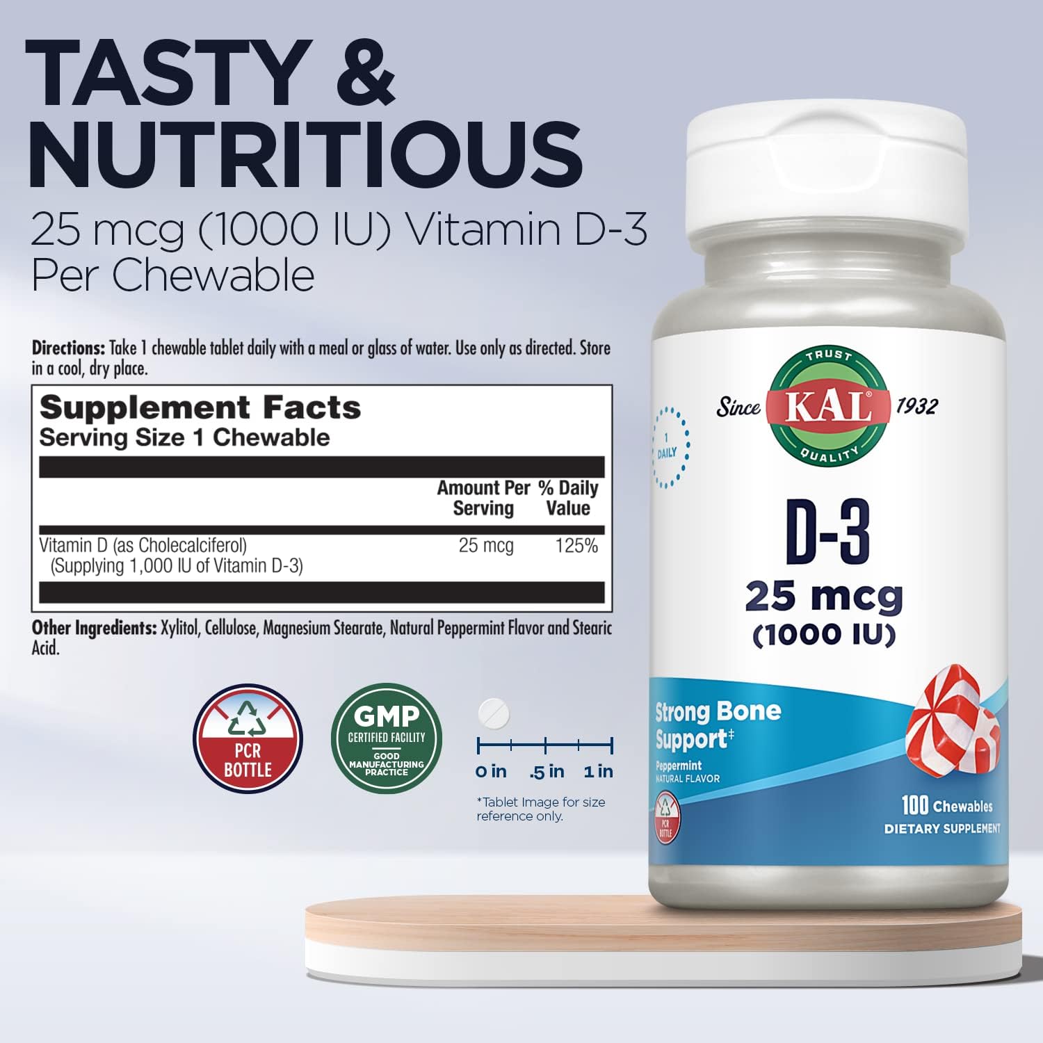 KAL Vitamina D3 1000 IU (25 mcg) Comprimibles Sabor Menta Natural