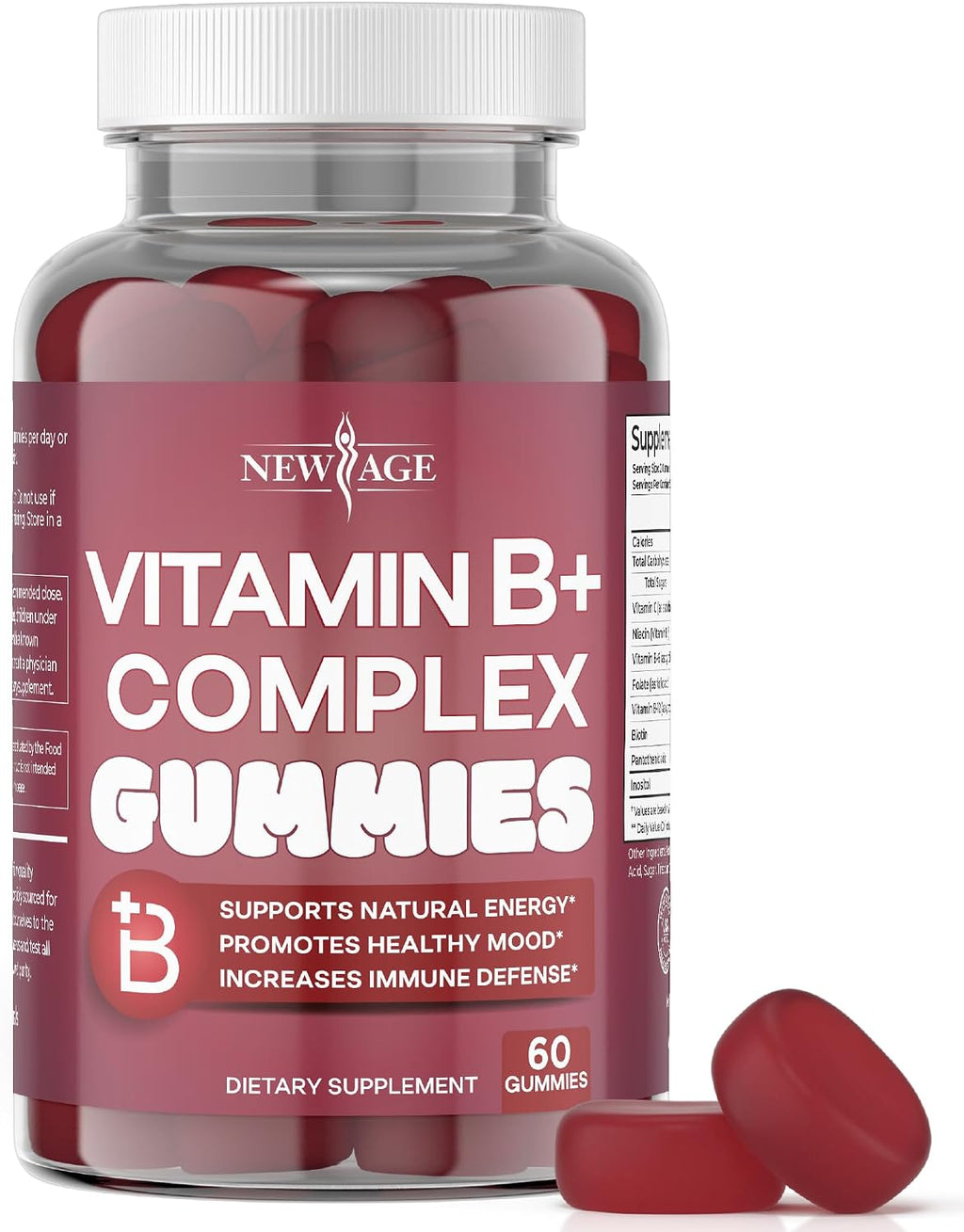 NEW AGE Gominolas de Complejo B con Vitaminas B3, B5, B6, B7, B9 y B12, Biotina, Ácido Fólico y Vitamina C – Sin Gluten, Vegano, 60 unidades