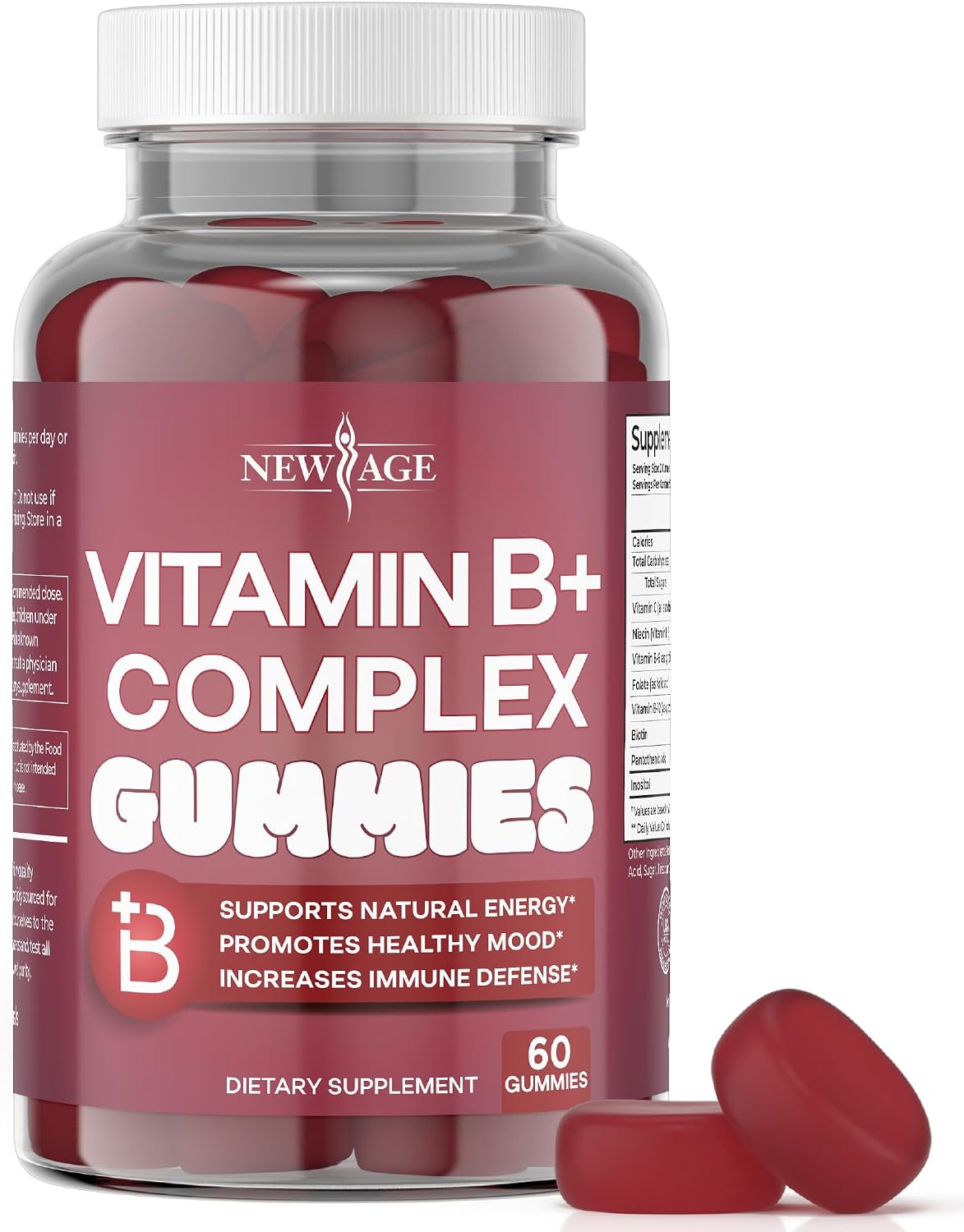 NEW AGE Gominolas de Complejo B con Vitaminas B3, B5, B6, B7, B9 y B12, Biotina, Ácido Fólico y Vitamina C – Sin Gluten, Vegano, 60 unidades