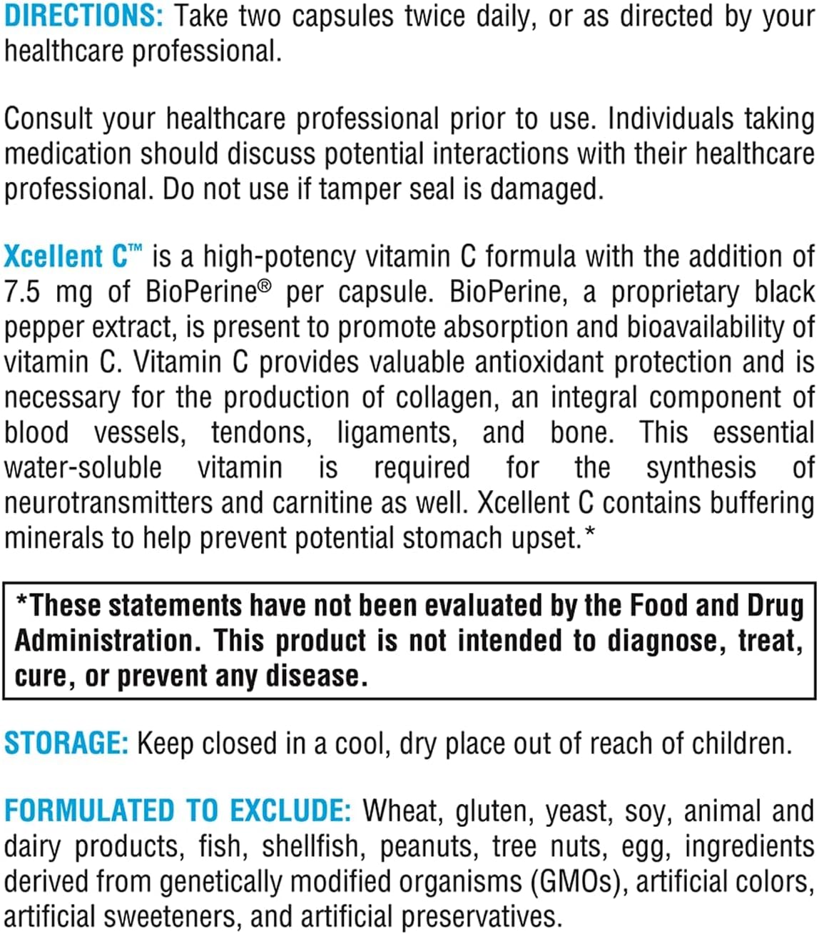 XYMOGEN Xcellent C - Vitamina C 750 mg con BioPerine - Apoyo Inmunitario, Antioxidante y Colágeno - Vegano, Sin Gluten y No-GMO - 120 Cápsulas