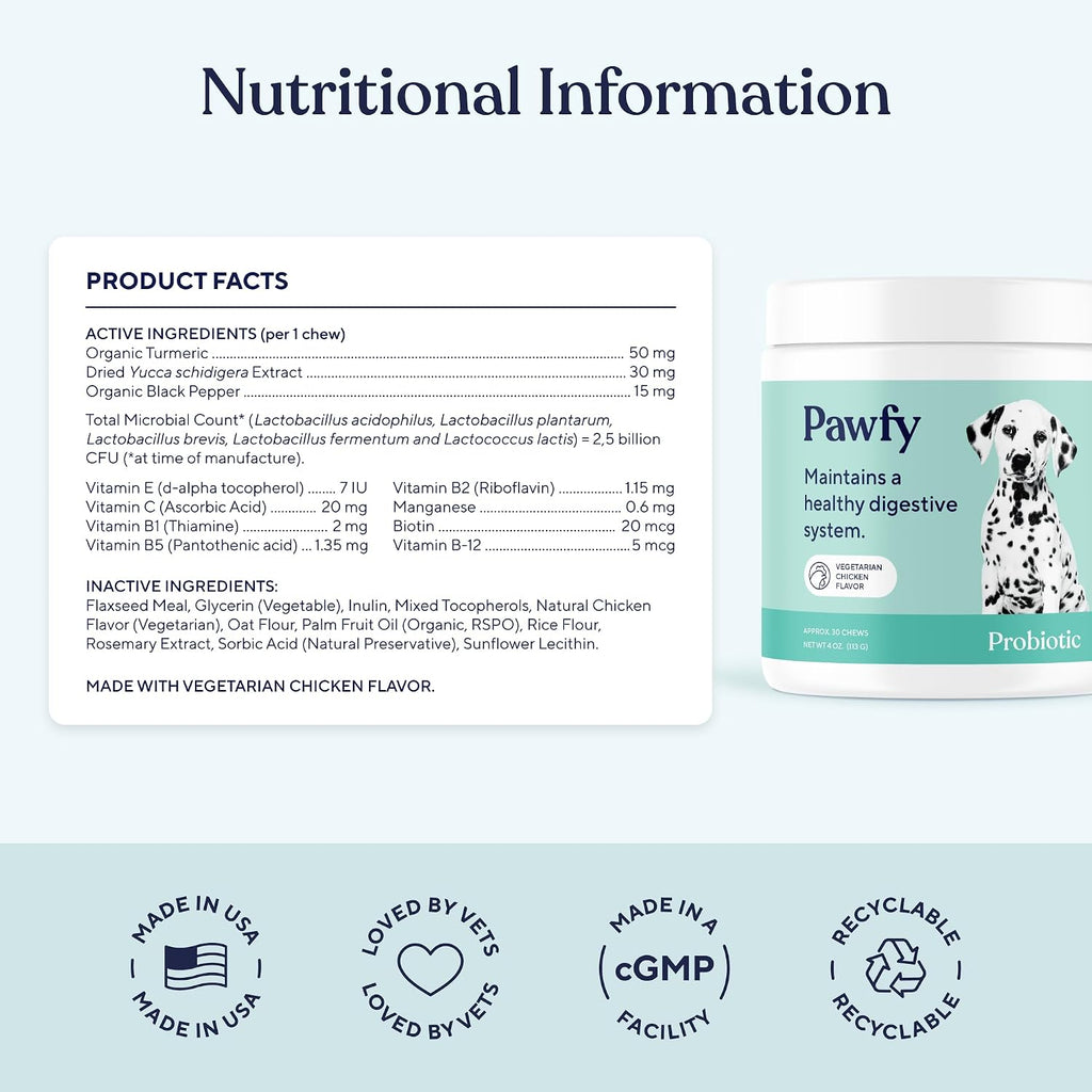 Pawfy Probióticos para Perros | Salud Digestiva y Piel | 30 Chews de Pollo