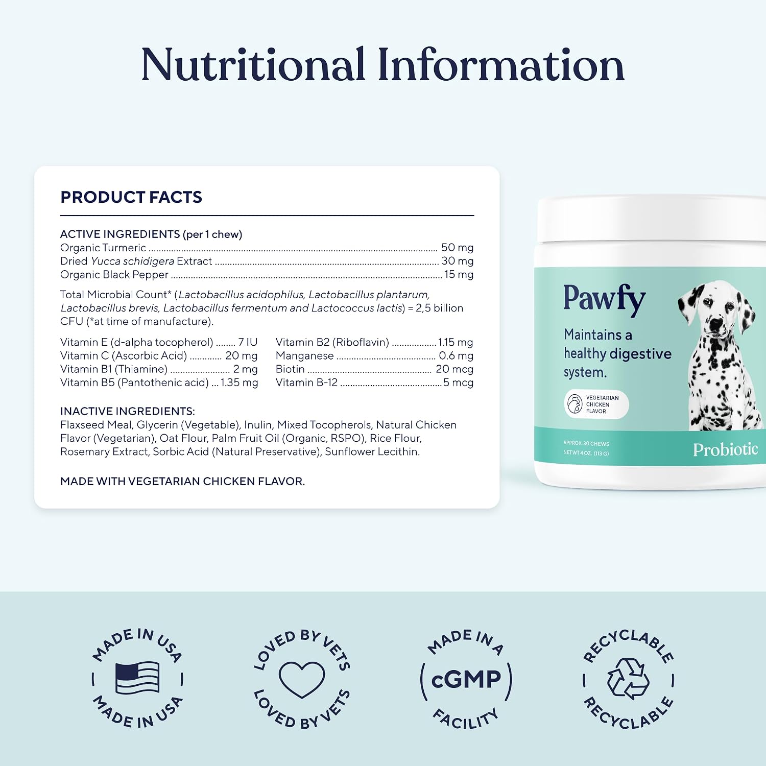 Pawfy Probióticos para Perros | Salud Digestiva y Piel | 30 Chews de Pollo