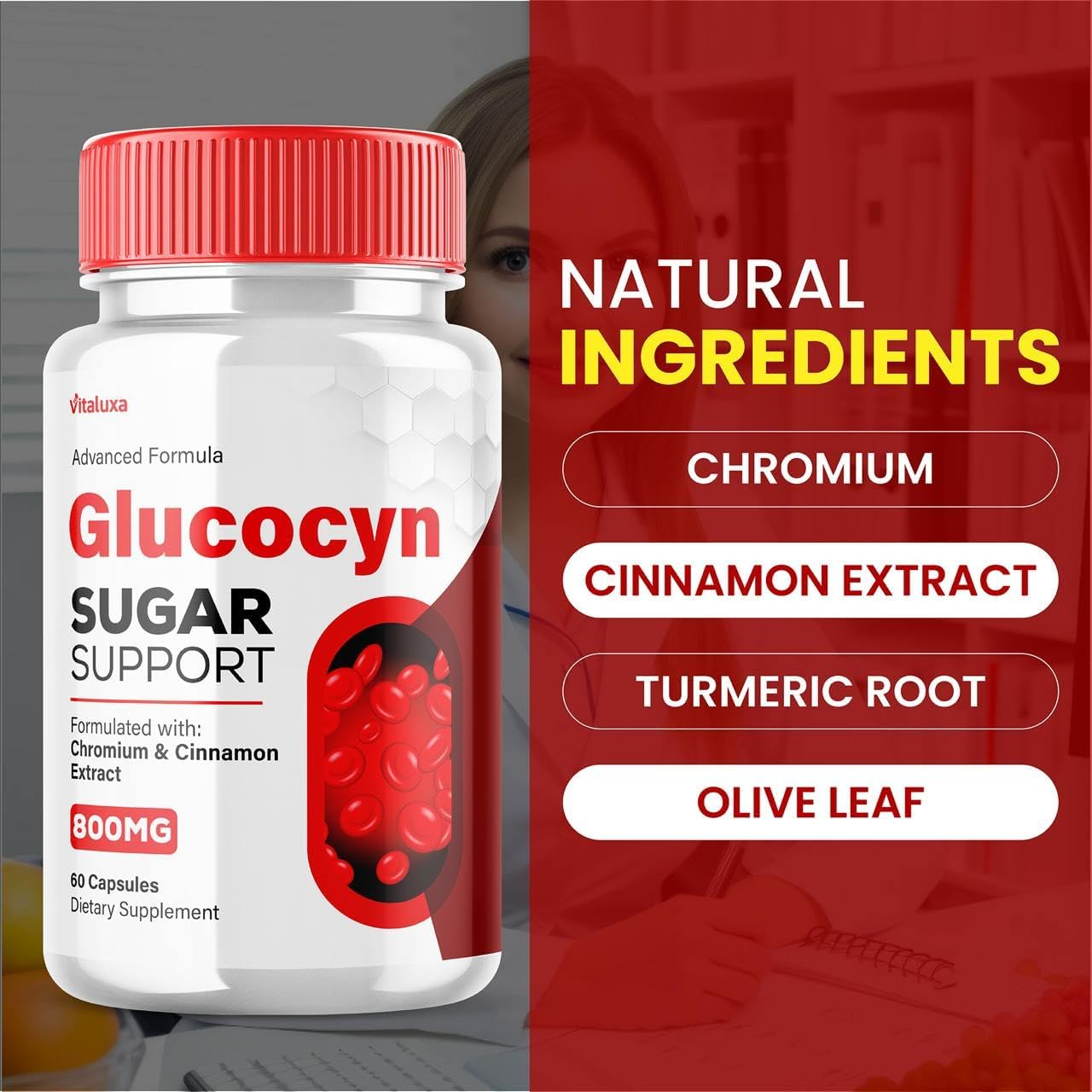 Glucocyn Support Cápsulas - Fórmula de Salud de Glucógeno, Máxima Potencia 800 mg con Vitaminas y Minerales Naturales (60 Cápsulas)