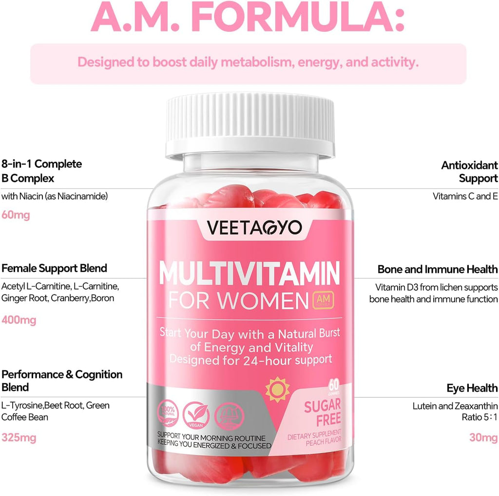 VEETAGYO Multivitamínico para Mujeres AM y PM - Sin Melatonina, con Calcio de Algas, Omega-3, Vitamina D3K2, Magnesio - Sin Azúcar, Vegano, 120 Gomitas