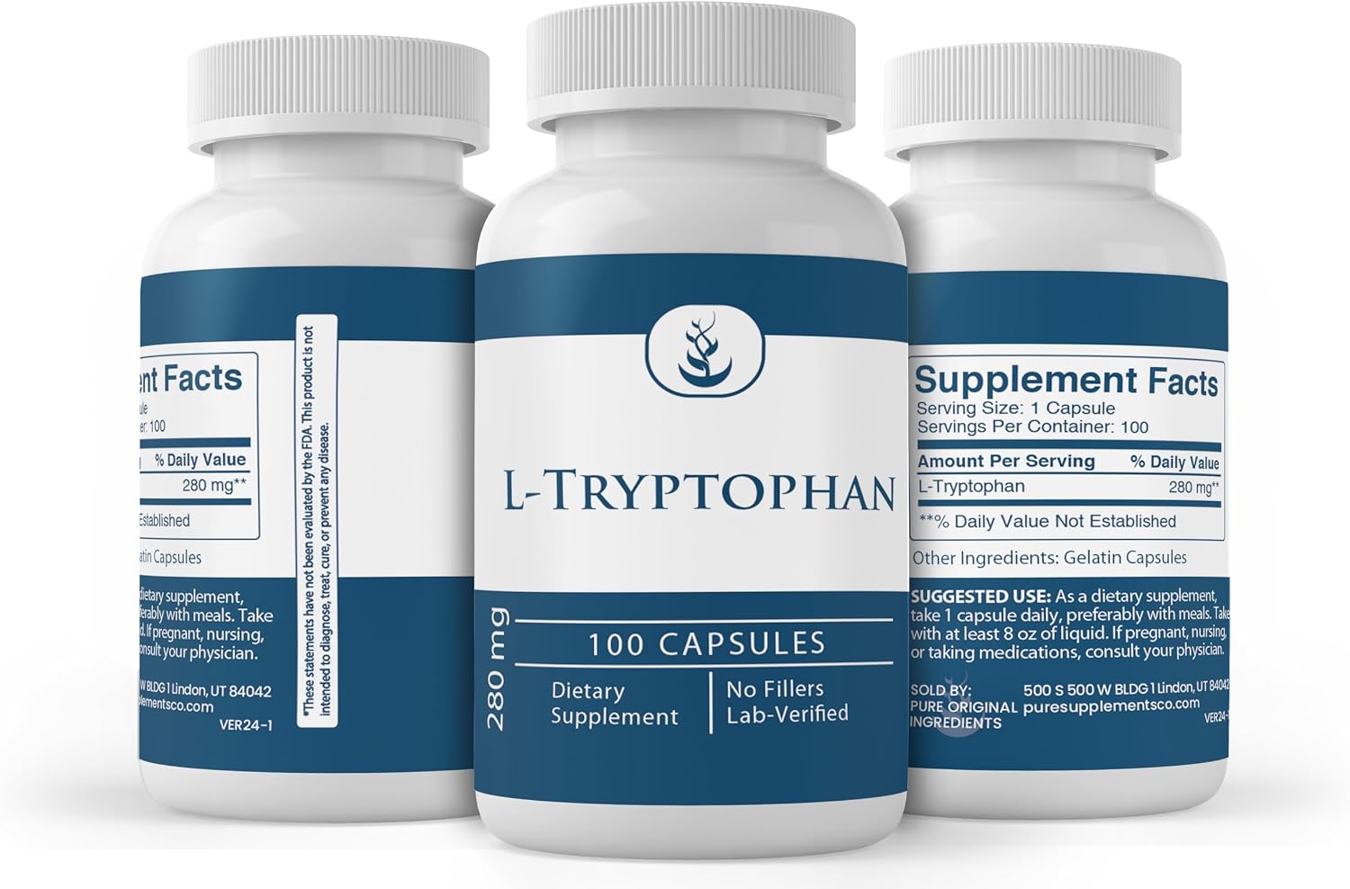Pure Original Ingredients L-Triptófano (100 Cápsulas) - Puro, Sin Aditivos, Verificado en Laboratorio