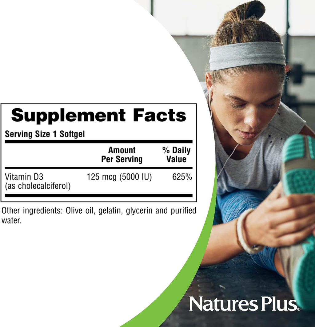 NaturesPlus Vitamina D3 5000 UI - 60 Cápsulas Blandas - Apoyo Óseo e Inmunitario