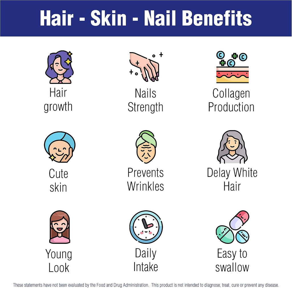 Hair Skin and Nails - Suplemento de Biotina y Vitaminas para Piel, Cabello y Uñas, 60 Cápsulas