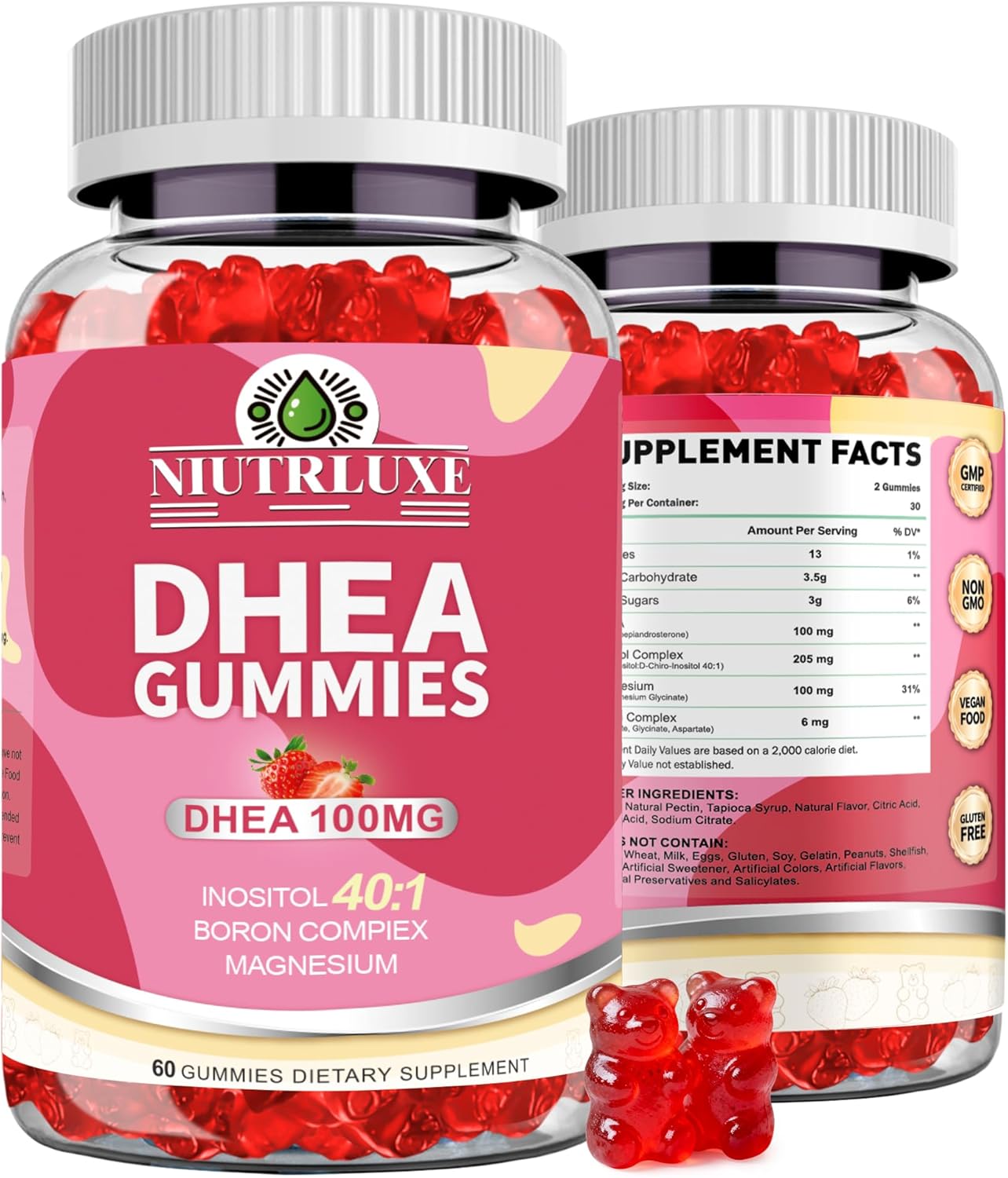 NIUTRLUXE DHEA Gummies - Suplemento de DHEA para Mujer con Boro, Inositol y Magnesio - 60 Gominolas