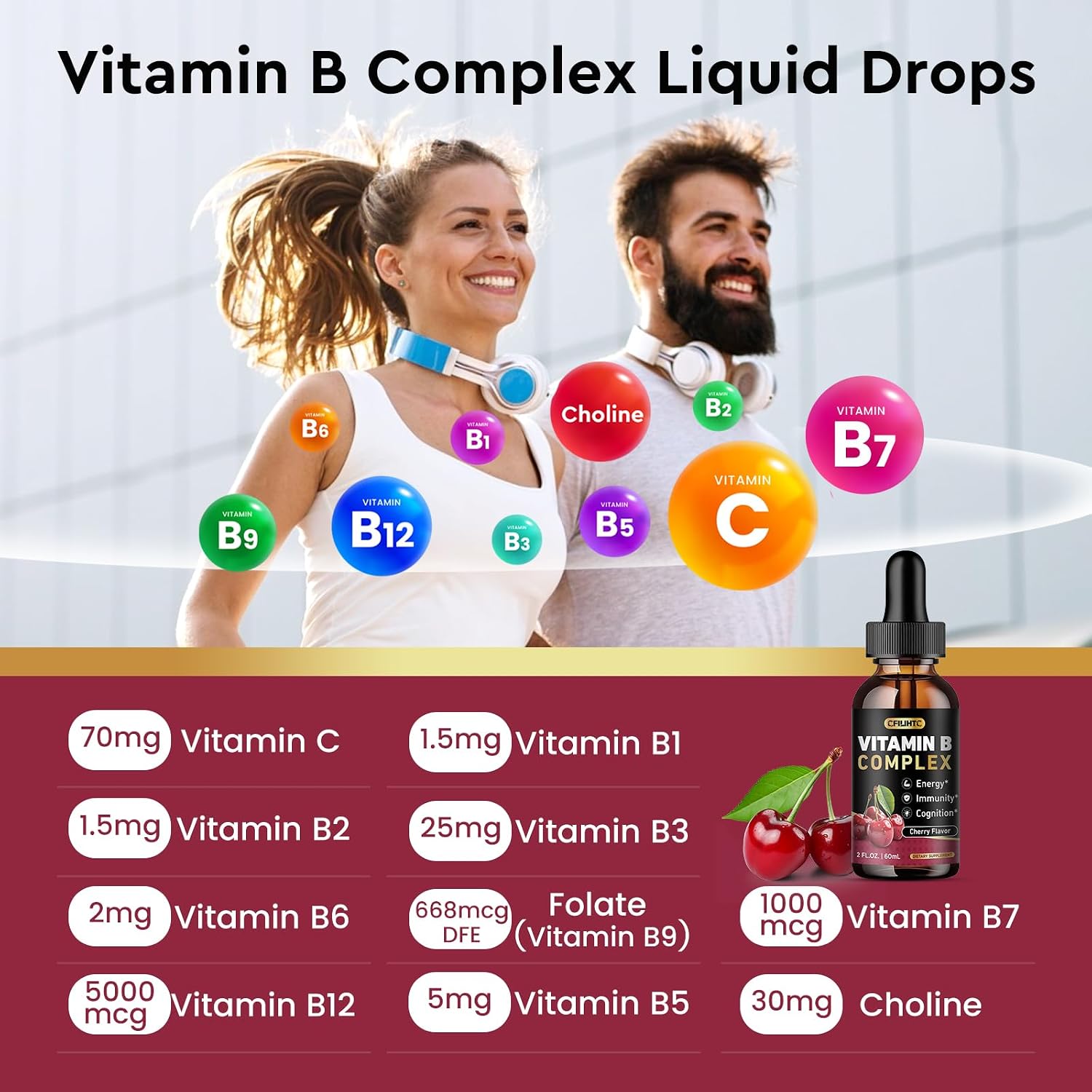 CFILIHTC Complejo B en Gotas Líquidas, Suplemento de Vitaminas B con B1, B2, B3, B5, B6, B7, B9 y Metil B12, Vegano, Sabor Cereza