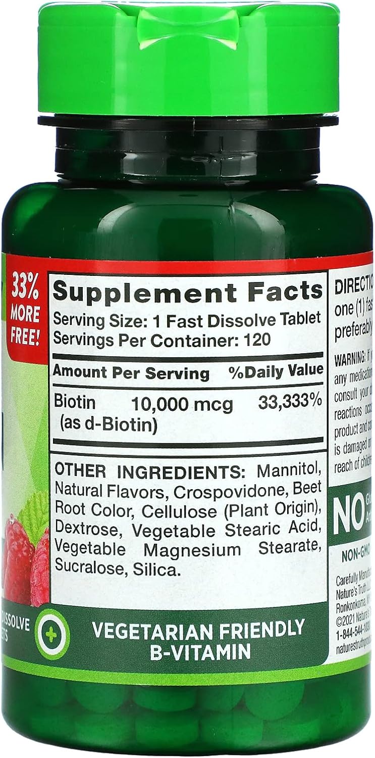 Nature's Truth Biotina Máxima 10.000 μg Comprimidos de Disolución Rápida Sabor Berry - 120 unidades, Paquete de 2