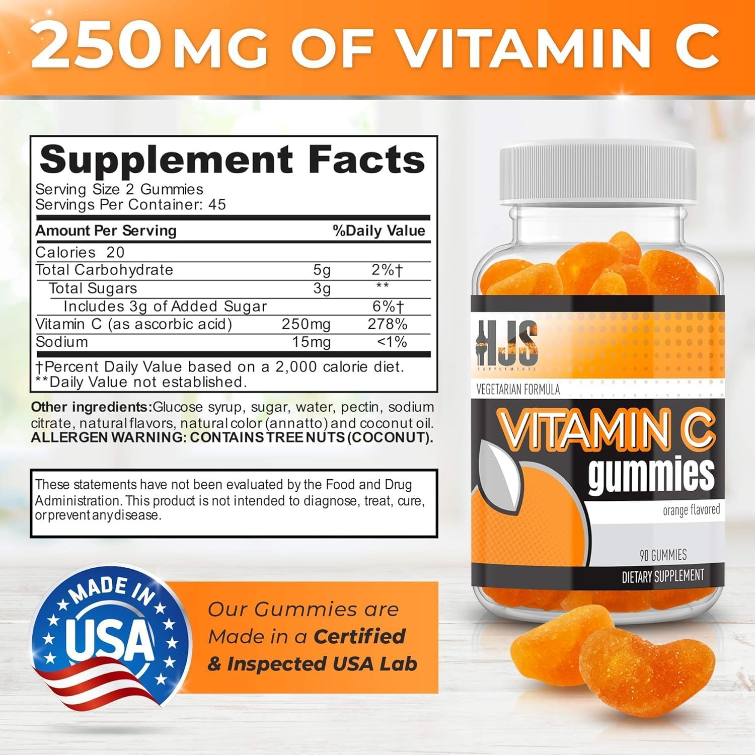HJS Supplements Vitamin C Gummies, Sabor Naranja, 90 Gominolas