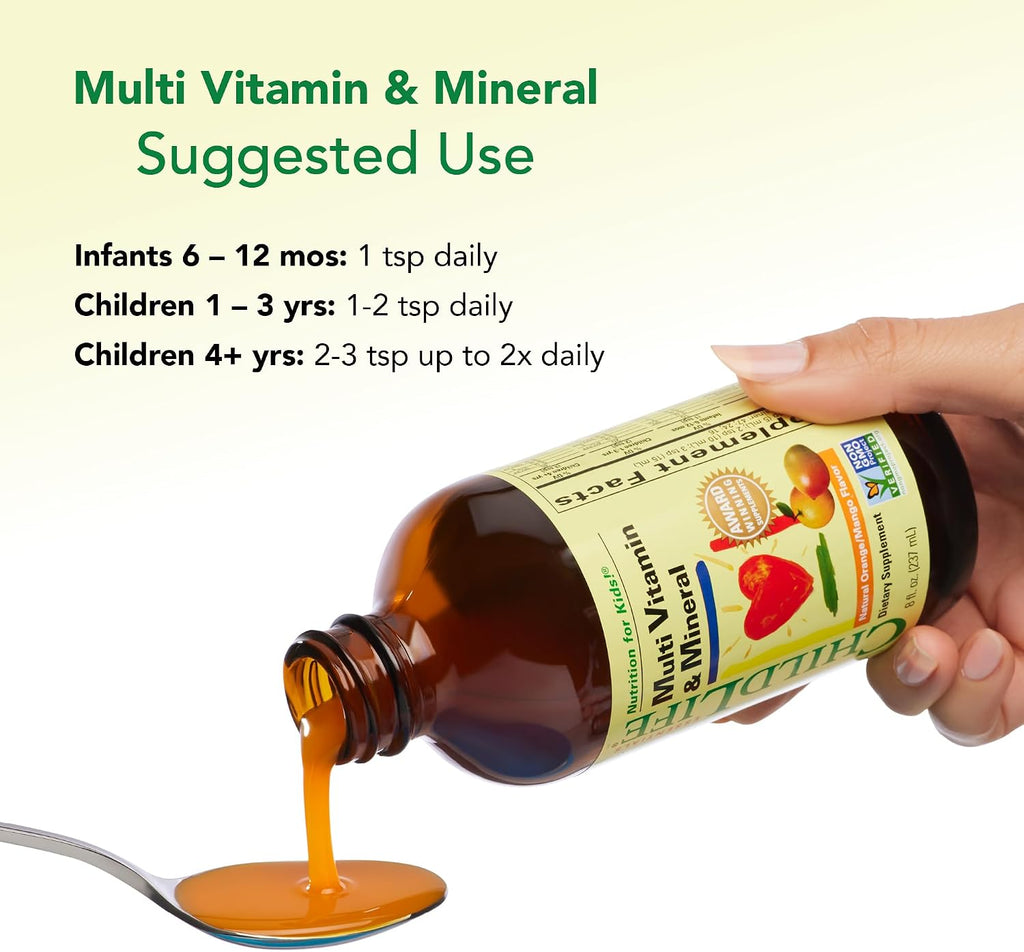 CHILDLIFE ESSENTIALS Multivitamínico y Mineral Líquido para Niños - Sabor Naranja y Mango, 237 ml (Pack de 2)